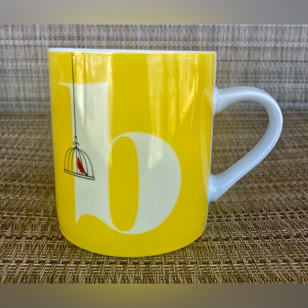 Magpie Initial “b” Mug, Yellow with Red Birds in Cages